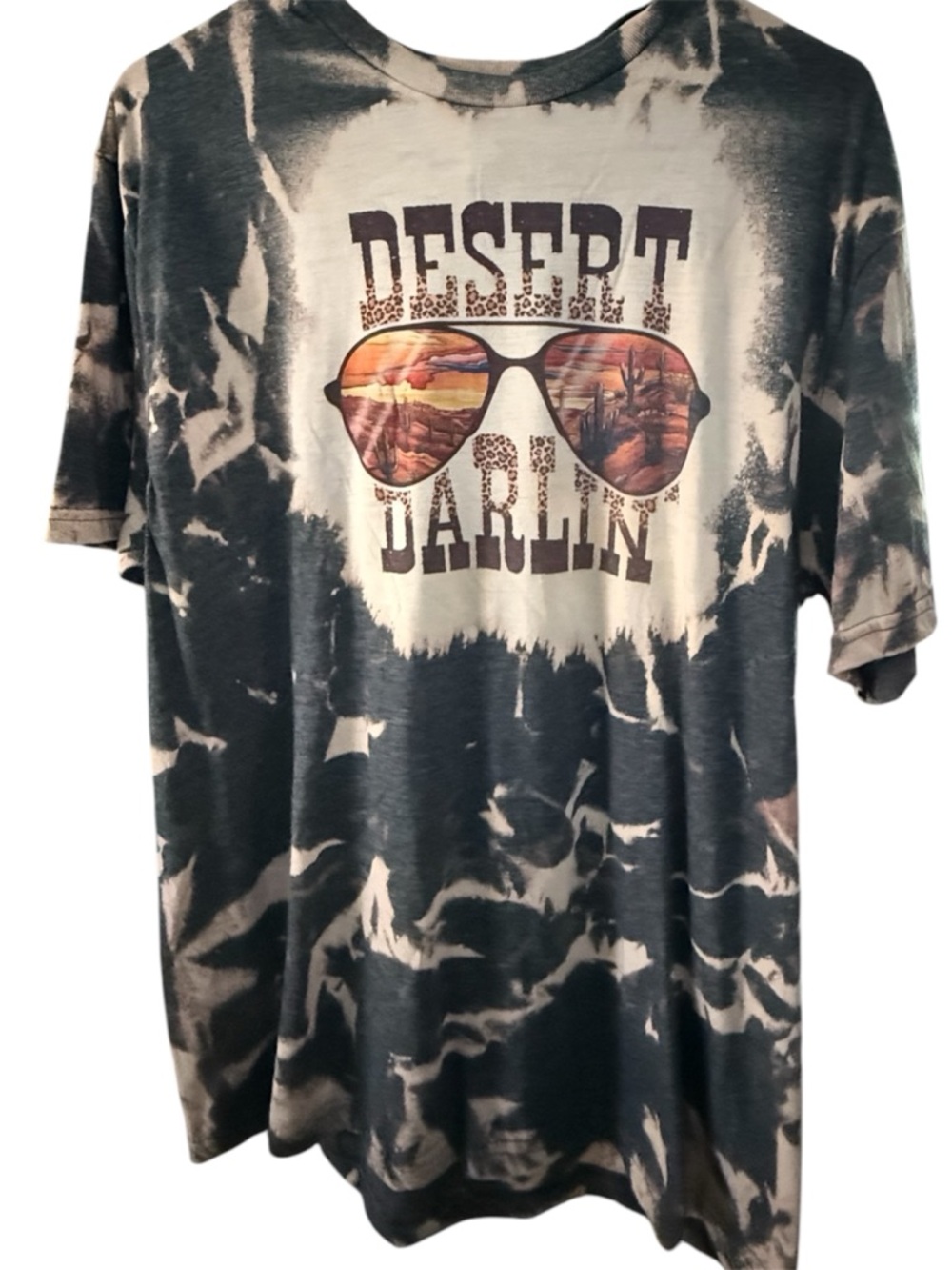 Gildan Desert Darlin Tie-Dye bleached Graphic front Tee - Black & Cream and whit